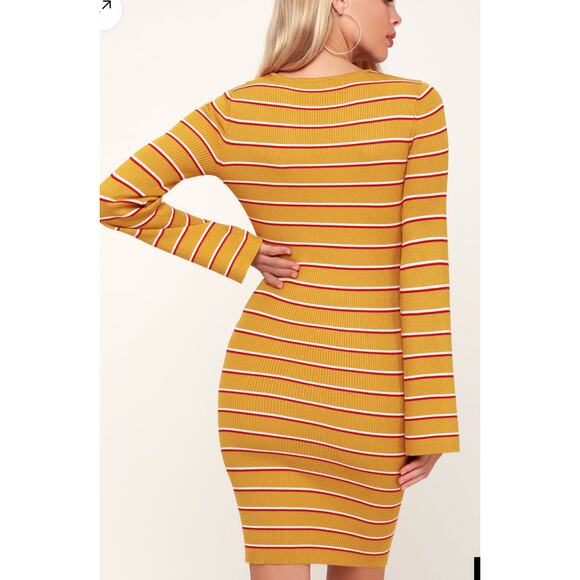 Lulus Rendezvous Mustard Yellow Striped Long Sleeve Bodycon Dress Size M NWT - Picture 2 of 7